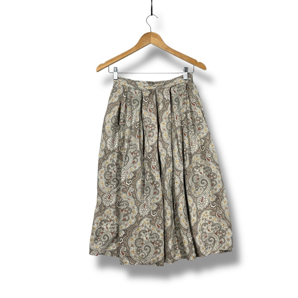 Vtg Betty Hanson Silk Paisley Pleated Midi Skirt Womens 8 Beige Boho Maximalist